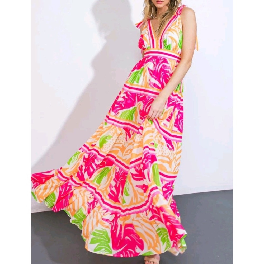 Flying Tomato "Take the Trails" Tropical Tiered Maxi Dress Fuchsia & Orange M